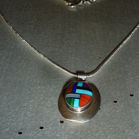 Native American Zuni Tribe Jewelry Zuni Sterling Silver Inlaid Necklace Pendent Poshmark